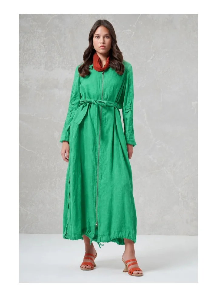 Belted Zip-Front Linen Overcoat - Green