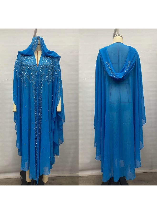 NIBEMINENT Muslim Dress for Women Loose Batwing Sleeved Hooded Beaded Embroidery Long Abaya Dress Kaftan Abayas Islamic Robe