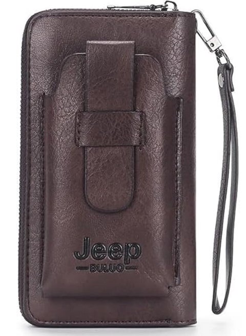 "Stylish and modern hand pocket wallet made of premium faux leather with fine detailing and a spacious compartment for organizing items with ease and elegance with a mobile phone case - brown"