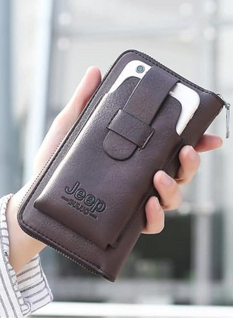 Jeep Buluo Men's multi-purpose leather wallet - for carrying mobile phone, cash, and cards, brown color - Image 1