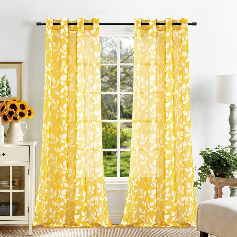 XTMYI Yellow Sheer Curtains 84 Inch Length for Living Room 2 Panels Set Lightweight Leaf Pattern Design Print Mustard Yellow Curtains for Bedroom Spring Wall Decor Gold and White - Image 4