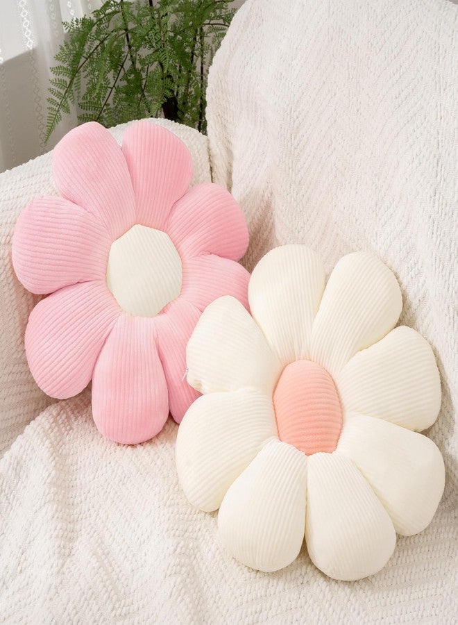 JZNEXD 2 Pcs Preppy Pillow Flower Throw Pillows for Girls Aesthetic Room Decor Bedding, 15.35" Cute Pink Daisy Flower Shaped Decorative Throw Pillows for Bedroom Bed Couch Classroom (White+Pink, 15.35 Inch) - Image 1