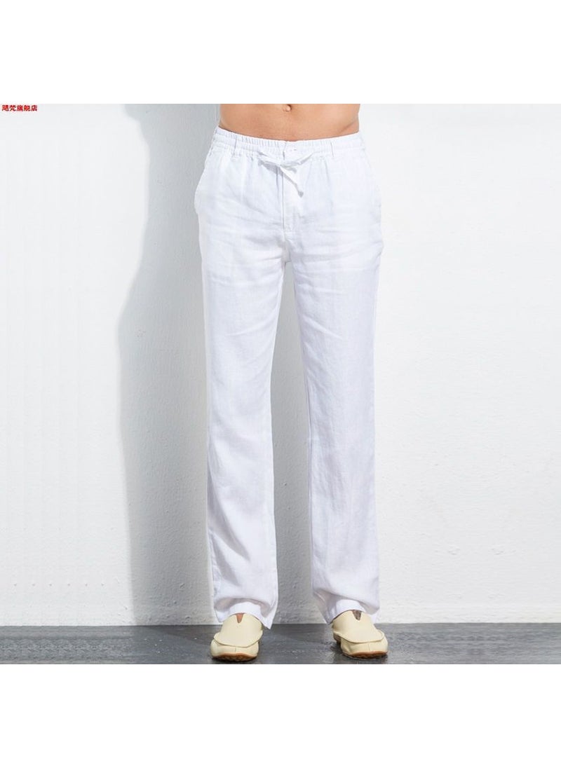 Generic - Loose Cotton Linen Mens Casual Pants Spring Summer Straight Leg Mens Linen Pants Breathable Comfortable Mens Long Trousers White // 1 fold processing - Image 1