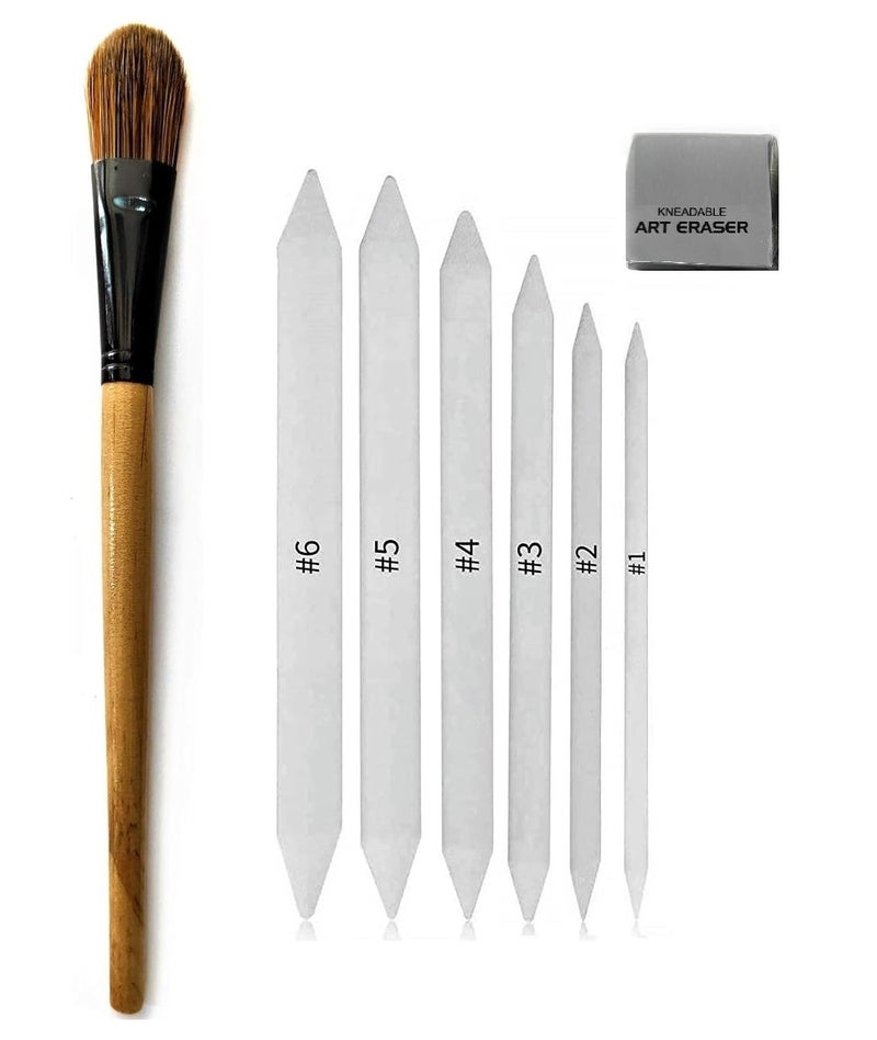 ChiggiWiggi Art Foundation Blending Brush with 6 Pcs Blending Paper Stumps, 1 Pcs Kneadable Eraser - Image 1