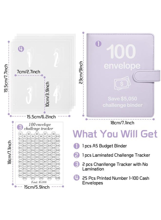 Pemocyny 100 Envelopes Money Saving Challenge Binder with Reusable Laminated Tracker, Budget Book with Cash Envelopes, Easy and Fun Way to Save $5,050 (Purple) - Image 2