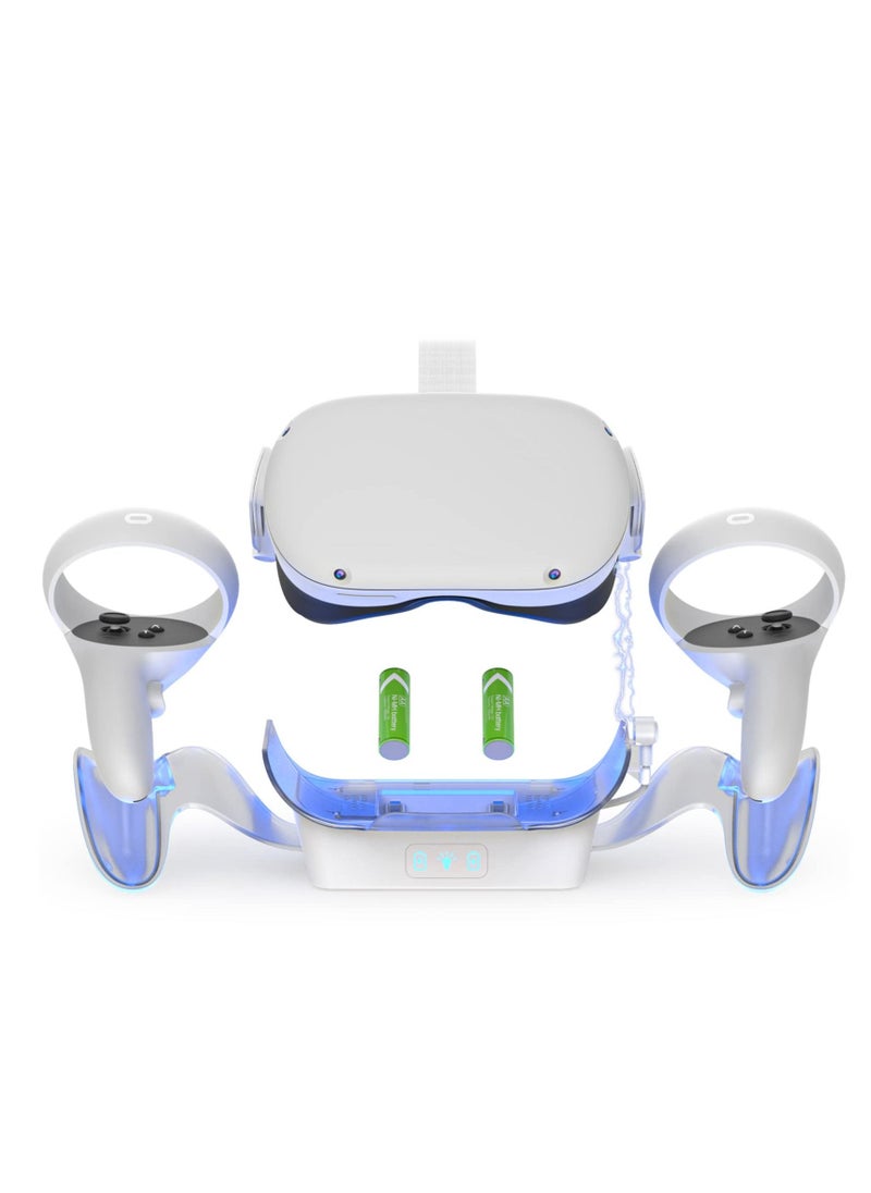 SYOSI - VR Charging Dock for Oculus Quest 2, LED Light Enhanced Headset Display Fast Charging Stand Touch Controller Mount Accessories for Meta Quest 2, 2 Rechargeable Batteries, Magnetic Type-C Connector - Image 1