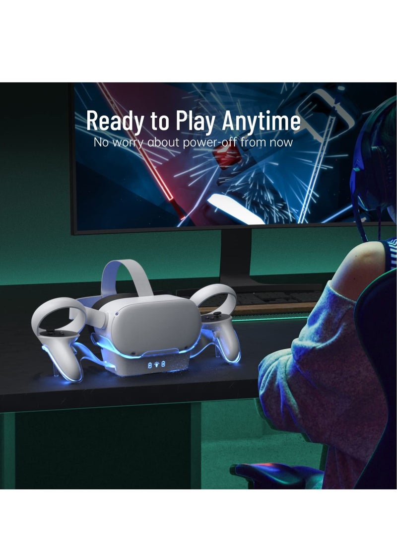 SYOSI - VR Charging Dock for Oculus Quest 2, LED Light Enhanced Headset Display Fast Charging Stand Touch Controller Mount Accessories for Meta Quest 2, 2 Rechargeable Batteries, Magnetic Type-C Connector - Image 1