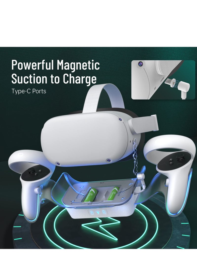 SYOSI - VR Charging Dock for Oculus Quest 2, LED Light Enhanced Headset Display Fast Charging Stand Touch Controller Mount Accessories for Meta Quest 2, 2 Rechargeable Batteries, Magnetic Type-C Connector - Image 1