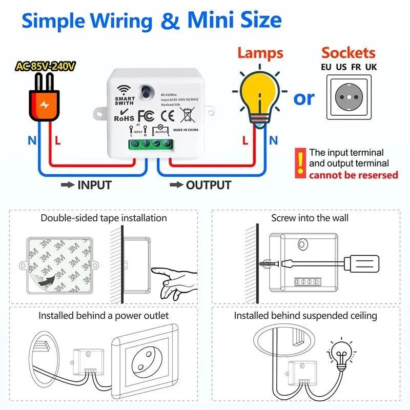 Smart Switch: White Plastic 2-Pack, Wireless 433MHz Remote Control, 50M Range - Toggle Mode, 10A Max Current, Memory Function, Light Switch for Home Electrical Appliance & Lighting Control - Image 4