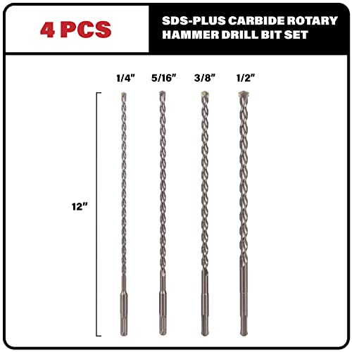 Sabre Tools 4-Piece 12in SDS Plus Drill Bit Set, Carbide Tipped, Rotary Hammer Drill Bits for Brick, Stone, Concrete (1/4" x 12", 5/16" x 12", 3/8" x 12", 1/2" x 12") - Image 2