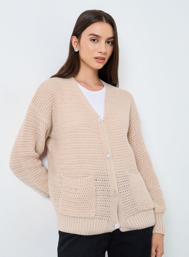 Take Two Beige Chunky Knit Cardigan with Patch Pocket - Image 3
