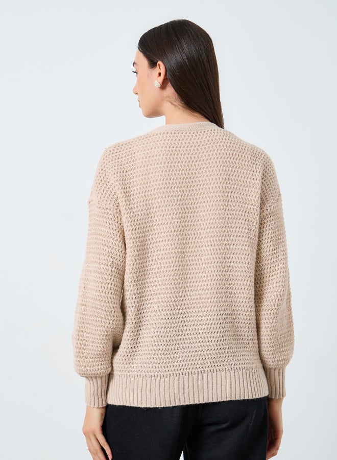 Take Two Beige Chunky Knit Cardigan with Patch Pocket - Image 5