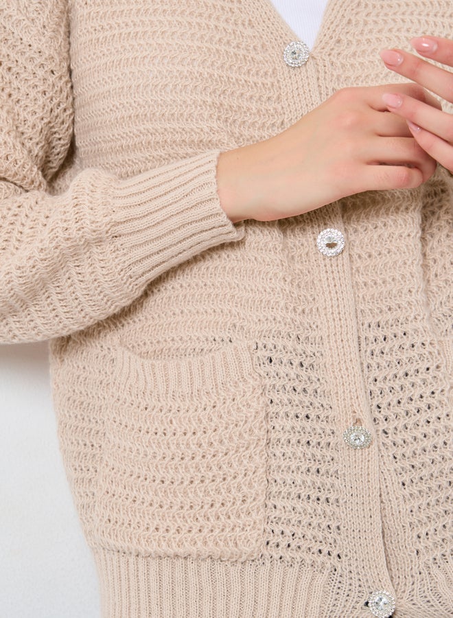 Take Two Beige Chunky Knit Cardigan with Patch Pocket - Image 4