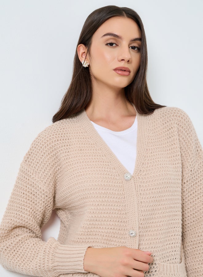 Take Two Beige Chunky Knit Cardigan with Patch Pocket - Image 3