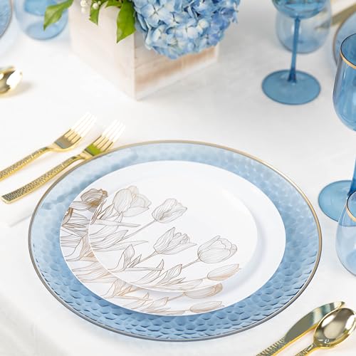 PLASTICPRO 32 Pack Elegant Disposable Plastic Plates Combo Set Includes 16 Dinner Plates and 16 Salad Plates Heavy Duty Fancy Party Plates White Gold Tulip Design - Image 5