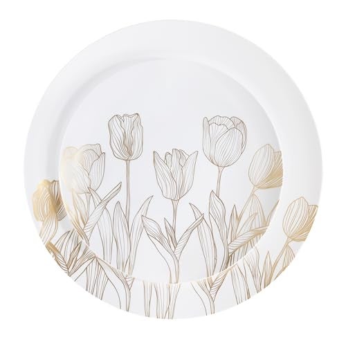 PLASTICPRO 32 Pack Elegant Disposable Plastic Plates Combo Set Includes 16 Dinner Plates and 16 Salad Plates Heavy Duty Fancy Party Plates White Gold Tulip Design - Image 2