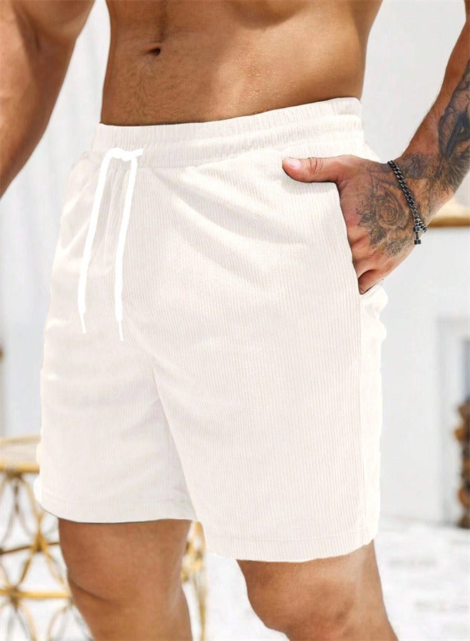 Loquat Solid Color Lace Up Sports Corduroy Minimalist Five Point Shorts White  - Image 1