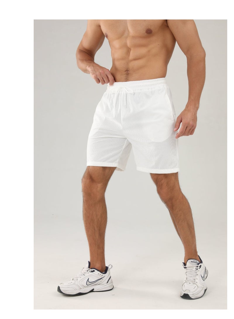 Loquat Solid Color Lace Up Sports Corduroy Minimalist Five Point Shorts White  - Image 2