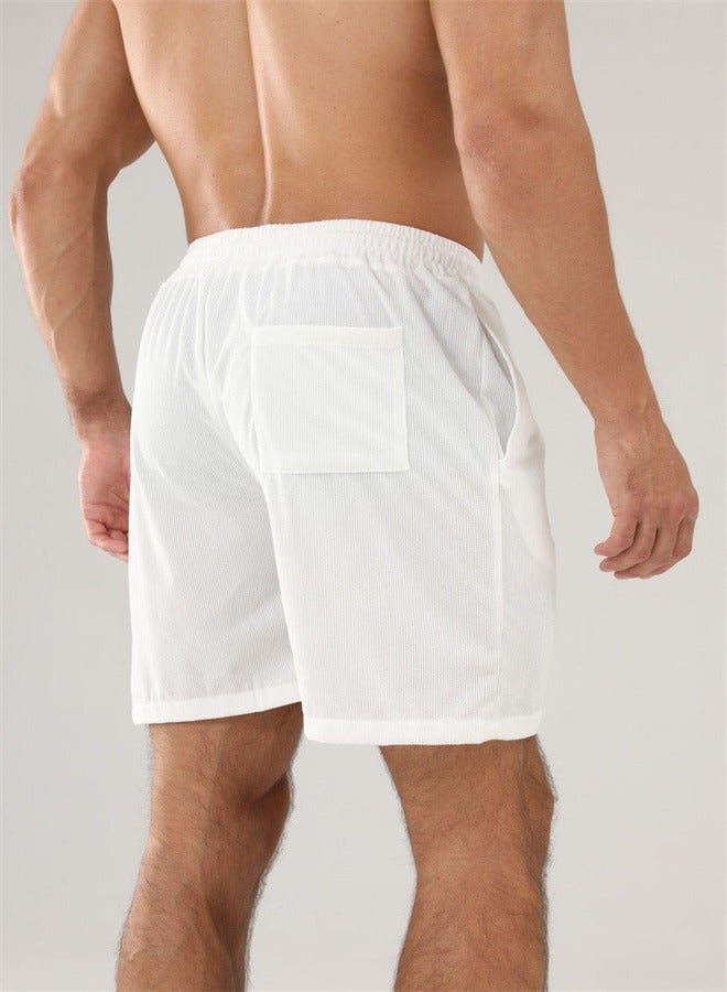Loquat Solid Color Lace Up Sports Corduroy Minimalist Five Point Shorts White  - Image 4