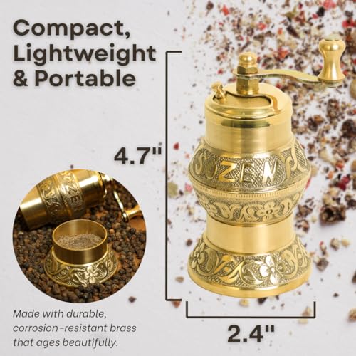 Ottoman Inspirations Sozen 4.7" Istanbul Manual Pepper Grinder Brass – Handmade Turkish Pepper Mill, Conical Burr Spice Grinder, Portable Hand Crank Mill for Salt, Peppercorns, and Other Spices with Durable Brass Decor - Image 3