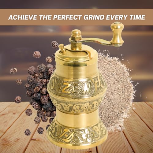 Ottoman Inspirations Sozen 4.7" Istanbul Manual Pepper Grinder Brass – Handmade Turkish Pepper Mill, Conical Burr Spice Grinder, Portable Hand Crank Mill for Salt, Peppercorns, and Other Spices with Durable Brass Decor - Image 5