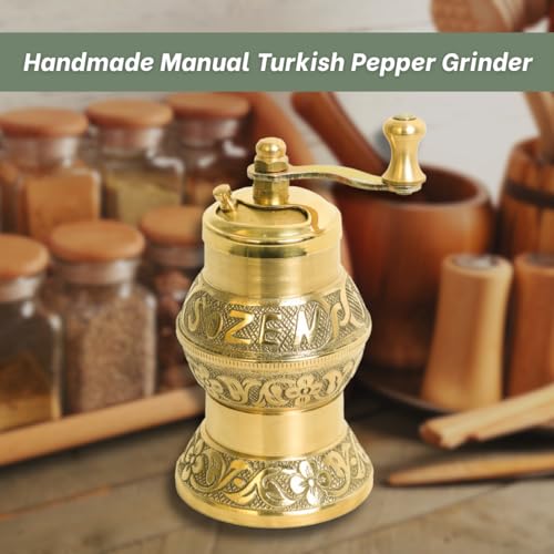 Ottoman Inspirations Sozen 4.7" Istanbul Manual Pepper Grinder Brass – Handmade Turkish Pepper Mill, Conical Burr Spice Grinder, Portable Hand Crank Mill for Salt, Peppercorns, and Other Spices with Durable Brass Decor - Image 2