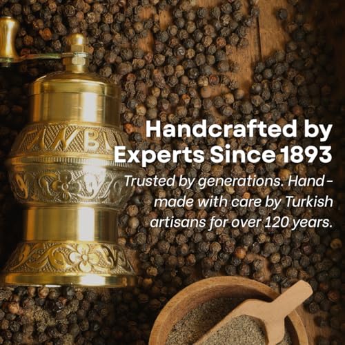 Ottoman Inspirations Sozen 4.7" Istanbul Manual Pepper Grinder Brass – Handmade Turkish Pepper Mill, Conical Burr Spice Grinder, Portable Hand Crank Mill for Salt, Peppercorns, and Other Spices with Durable Brass Decor - Image 4