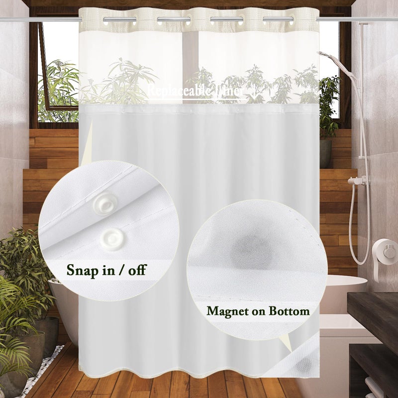 Gibelle Long Shower Curtain 72x80  Waffle Weave Bathroom Shower Curtain with Snap-in Fabric Liner Set  No Hooks Needed  Hotel Style with Mesh Top Window  Ivory - Image 3