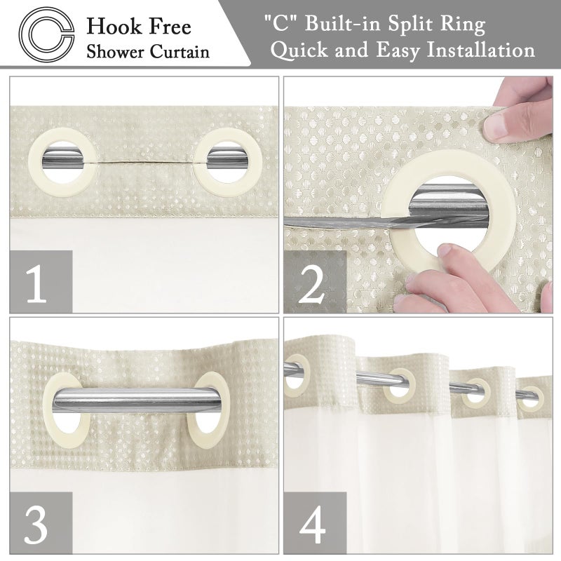 Gibelle Long Shower Curtain 72x80  Waffle Weave Bathroom Shower Curtain with Snap-in Fabric Liner Set  No Hooks Needed  Hotel Style with Mesh Top Window  Ivory - Image 4