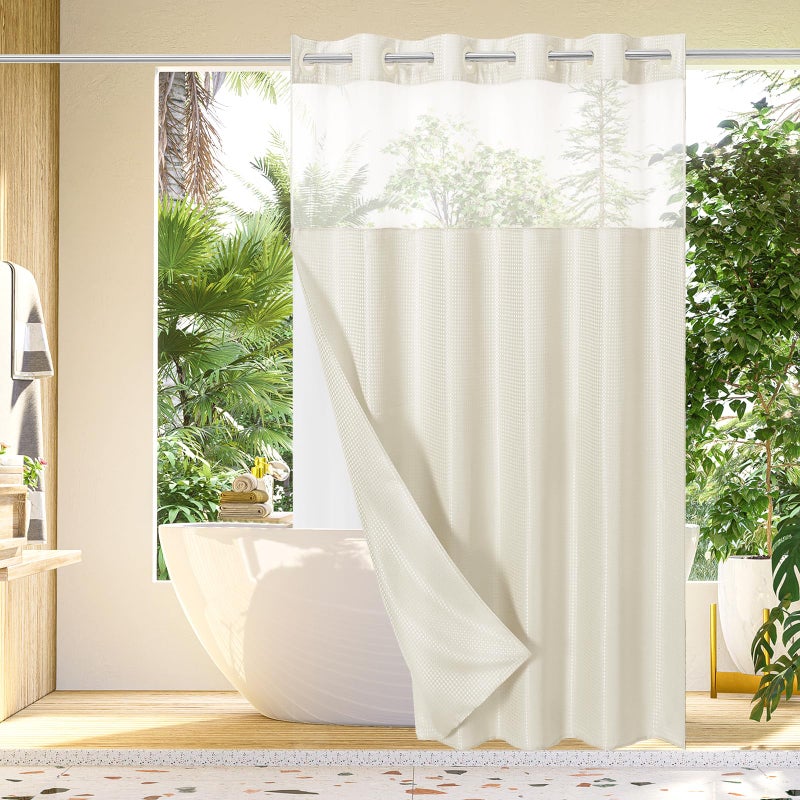 Gibelle Long Shower Curtain 72x80  Waffle Weave Bathroom Shower Curtain with Snap-in Fabric Liner Set  No Hooks Needed  Hotel Style with Mesh Top Window  Ivory - Image 1