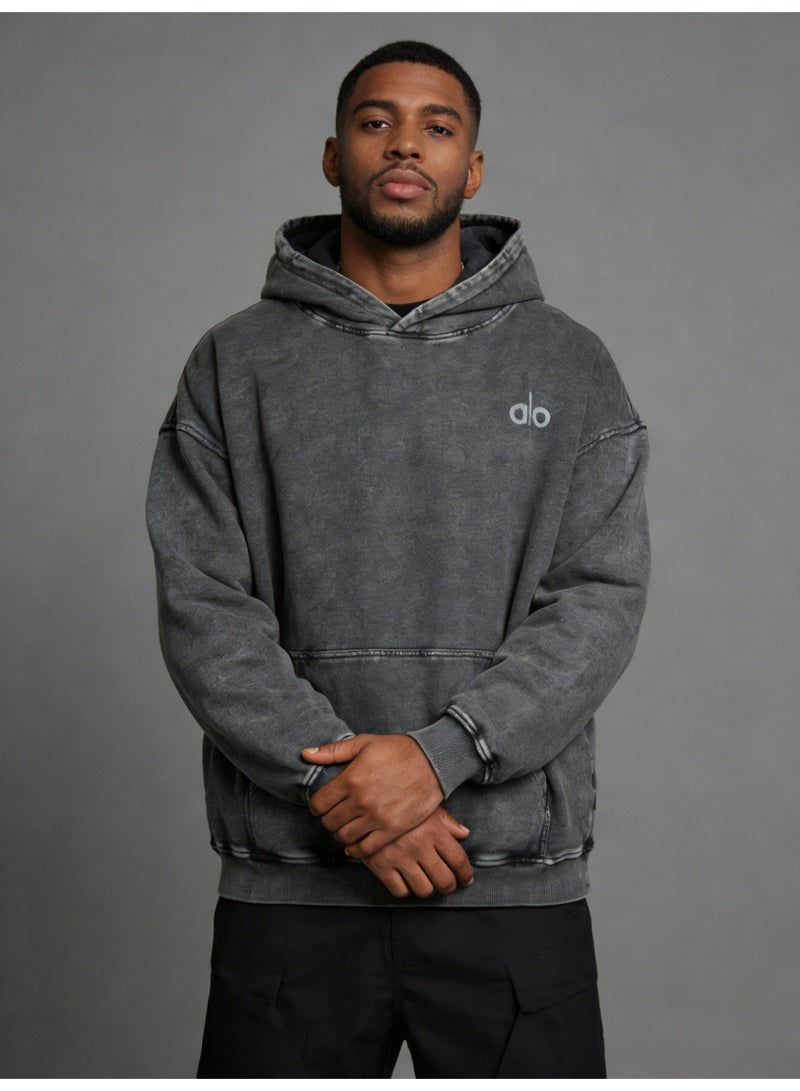 Alo Large Washed Grey Hoodie - Men's and Women's Soft Cotton Hoodie with Minimalist Logo and Kangaroo Pocket, Fashionable Vitality Top, Personalized Versatile Hoodie, Thickened Warmth Collection - Image 1