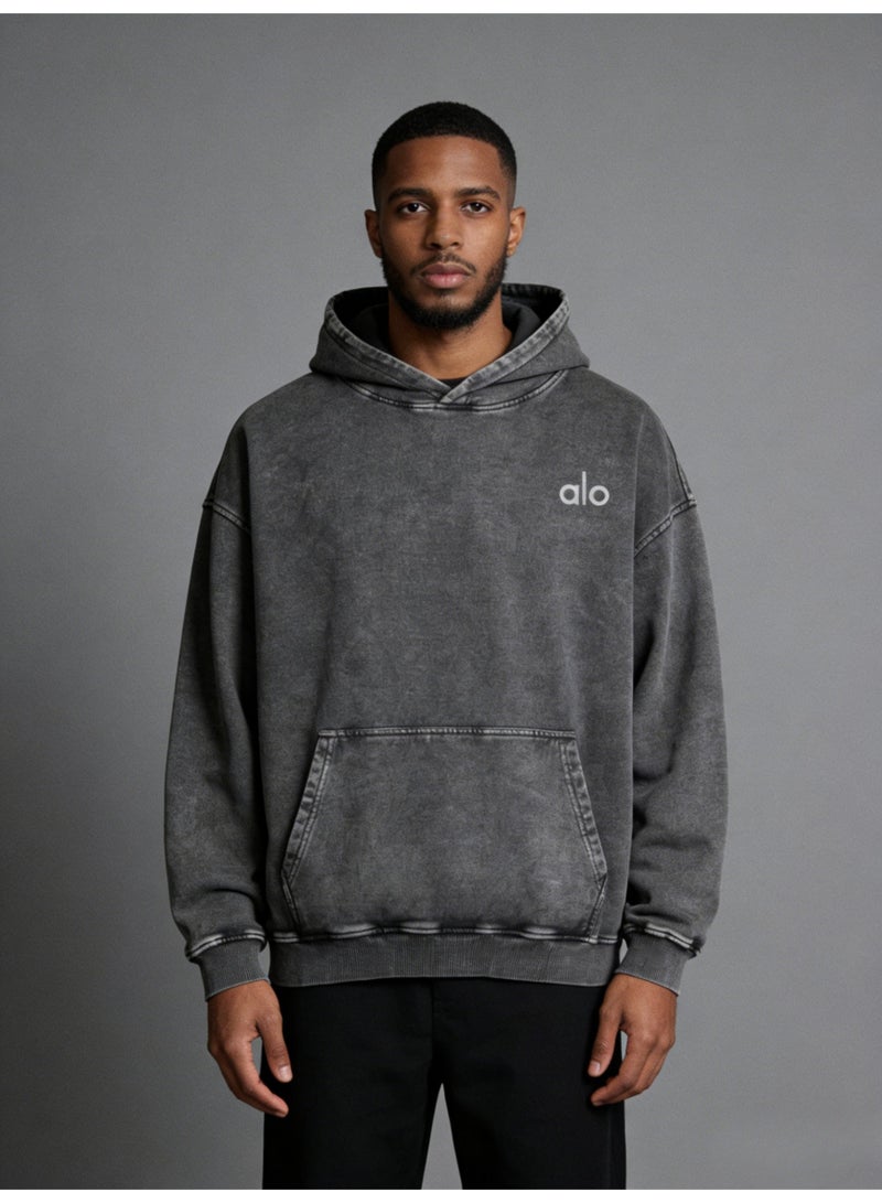 Alo Large Washed Grey Hoodie - Men's and Women's Soft Cotton Hoodie with Minimalist Logo and Kangaroo Pocket, Fashionable Vitality Top, Personalized Versatile Hoodie, Thickened Warmth Collection - Image 3