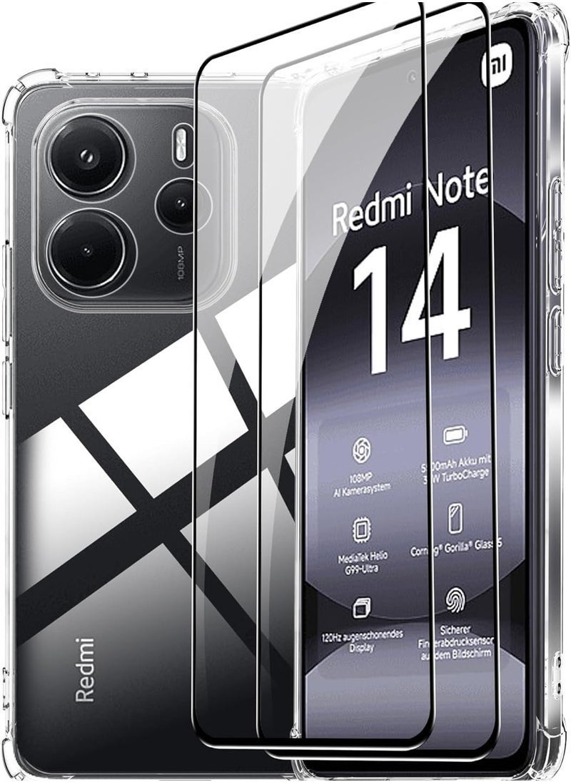 Raxoom Redmi Note 14 4G Case with Screen Protector (2-Pack) 6.67 inches [Black Edge Full Cover Tempered Glass], Four-Corner airbag Transparent TPU Flexible Case(Not for 5G) - Image 1
