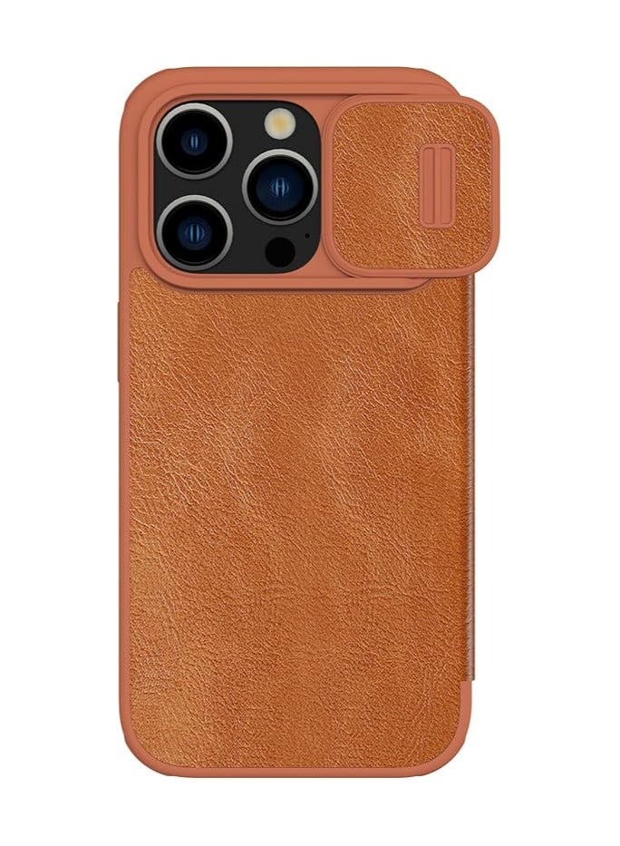 Nillkin Qin Pro Series Premium Leather Case for Apple iPhone 15 Pro Max (6.7", 2023) - Classic Brown with Sliding Camera Cover Design, Soft Texture, Anti-Skid Surface - Image 1