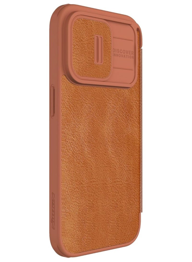 Nillkin Qin Pro Series Premium Leather Case for Apple iPhone 15 Pro Max (6.7", 2023) - Classic Brown with Sliding Camera Cover Design, Soft Texture, Anti-Skid Surface - Image 2