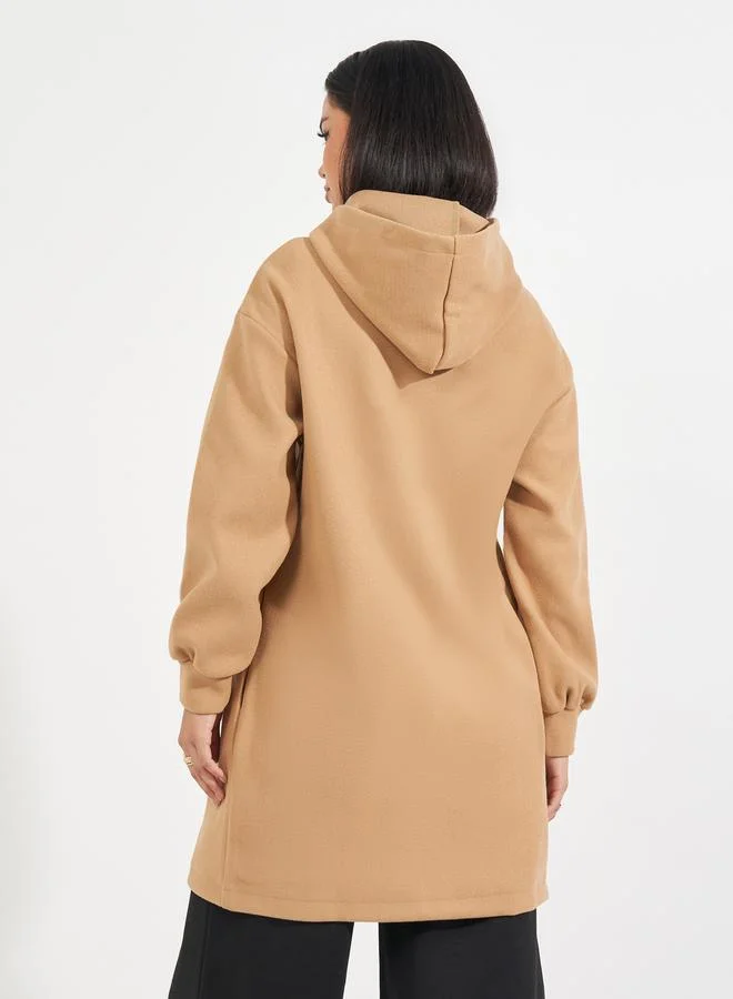 Styli Regular Fit Longline Wool Like Hooded Coat