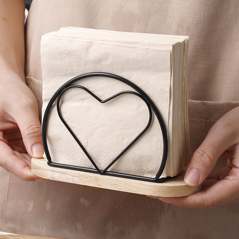 Minimalist Wooden Iron Napkin Holder Vertical Desktop Tissue Dispenser Heart Black - Image 4