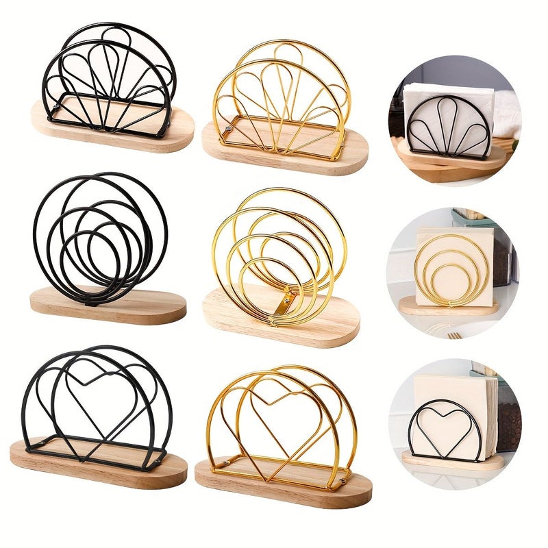 Minimalist Wooden Iron Napkin Holder Vertical Desktop Tissue Dispenser Heart Black - Image 1