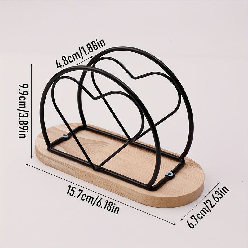 Minimalist Wooden Iron Napkin Holder Vertical Desktop Tissue Dispenser Heart Black - Image 3