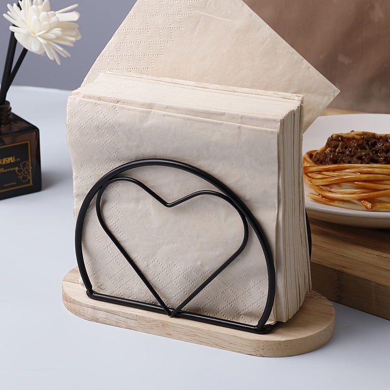 Minimalist Wooden Iron Napkin Holder Vertical Desktop Tissue Dispenser Heart Black - Image 2