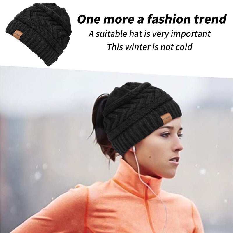 Pukavt 1 Pack Winter Hat Ponytail Beanie Hat for Women, Soft Stretch Cable Knit Messy Bun Beeanie,Trendy and Warm Light Purple - Image 5