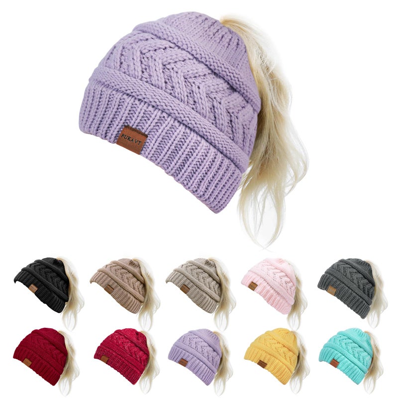 Pukavt 1 Pack Winter Hat Ponytail Beanie Hat for Women, Soft Stretch Cable Knit Messy Bun Beeanie,Trendy and Warm Light Purple - Image 1