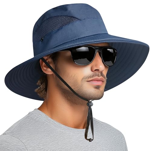 PFFY Sun Bucket Hats for Men Women 3” Wide Brim UPF 50+ Fishing & Beach Hat Blue - Image 1