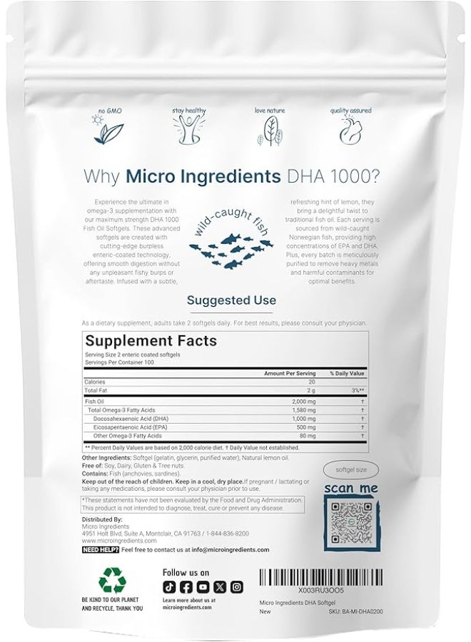 Micro Ingredients Omega 3 Fish Oil DHA Supplements 1000mg with EPA 500mg, 200 Softgels - Image 2