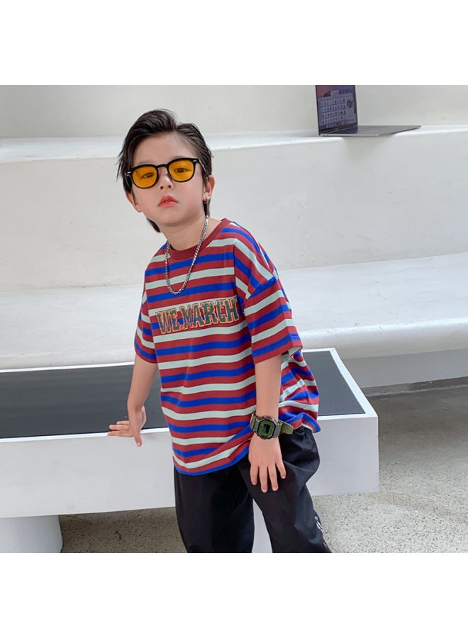 Trendy Brand Loose Children's Striped T-shirt Summer  New Boys' Short-sleeved Mid-big Children's Half-sleeved Top