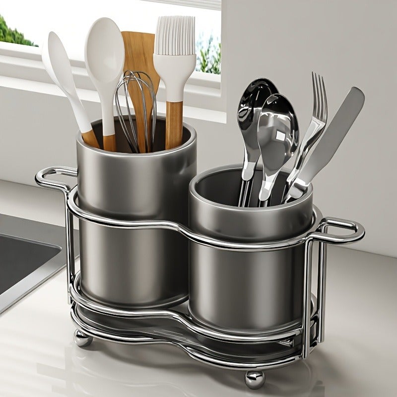1pc Cutlery Holder, Silverware Cutlery Holder with Metal Frame, Utensil Holder with 2 Compartments, Cutlery Storage Organizer for Kitchen and Countertop - Image 3