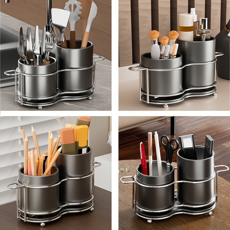 1pc Cutlery Holder, Silverware Cutlery Holder with Metal Frame, Utensil Holder with 2 Compartments, Cutlery Storage Organizer for Kitchen and Countertop - Image 4