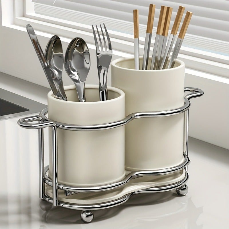 1pc Cutlery Holder, Silverware Cutlery Holder with Metal Frame, Utensil Holder with 2 Compartments, Cutlery Storage Organizer for Kitchen and Countertop - Image 1
