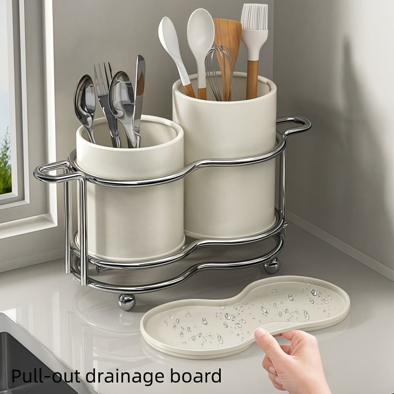 1pc Cutlery Holder, Silverware Cutlery Holder with Metal Frame, Utensil Holder with 2 Compartments, Cutlery Storage Organizer for Kitchen and Countertop - Image 2