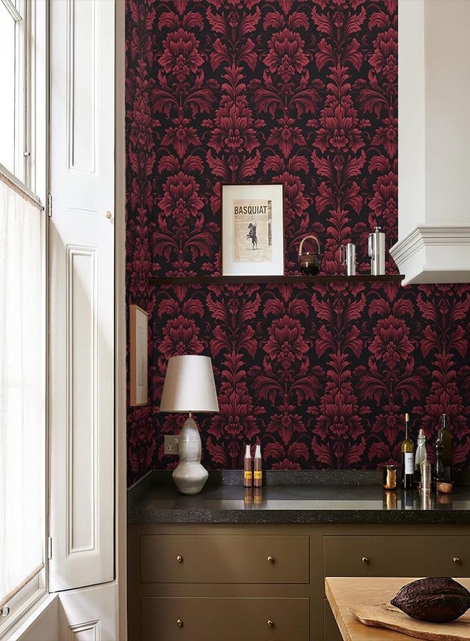 REDAMANCY Dark Black Red Damask Flowers Vintage Peel and Stick Wallpaper Stick on Contact Paper Vintage Wall Paper Easy Peel Off for nightstand Drawer Cabinet Renter - Image 5